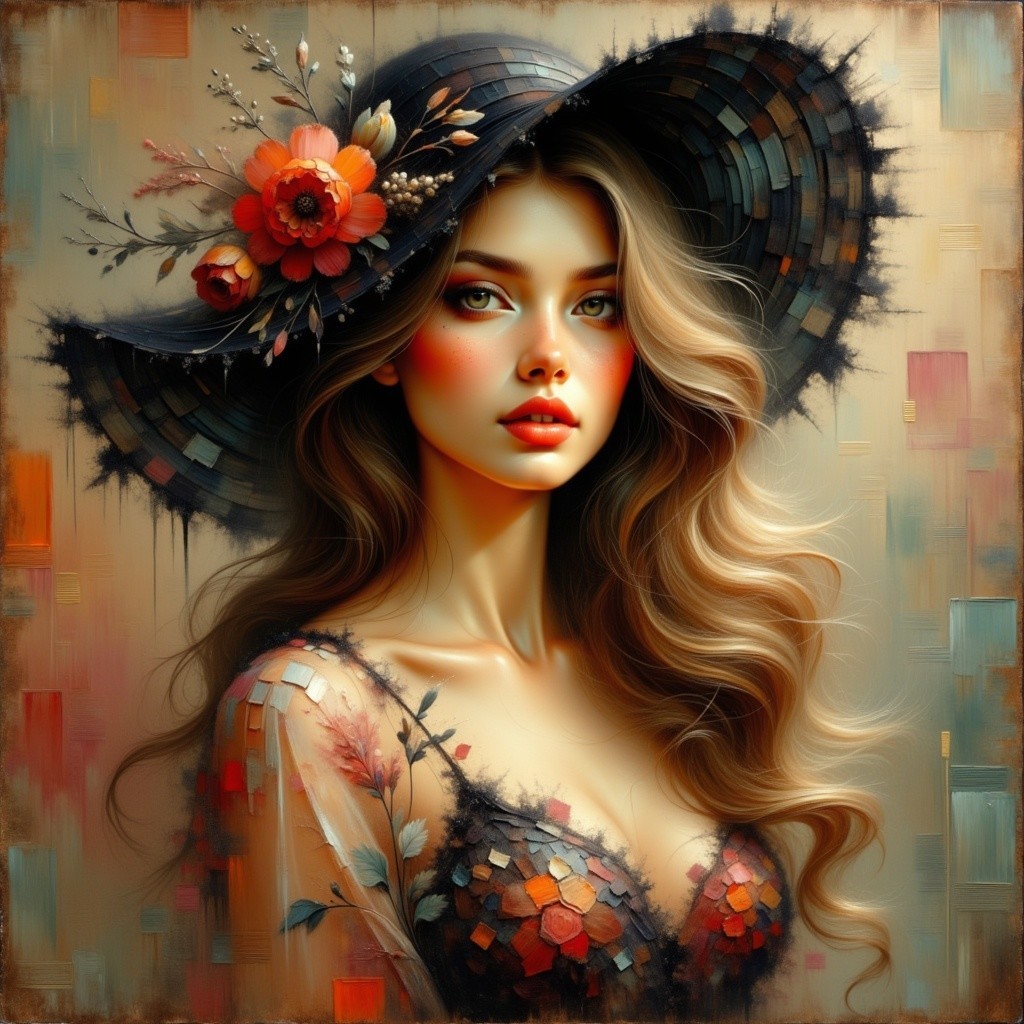 Elegant Portrait of a Woman in Floral Hat and Attire