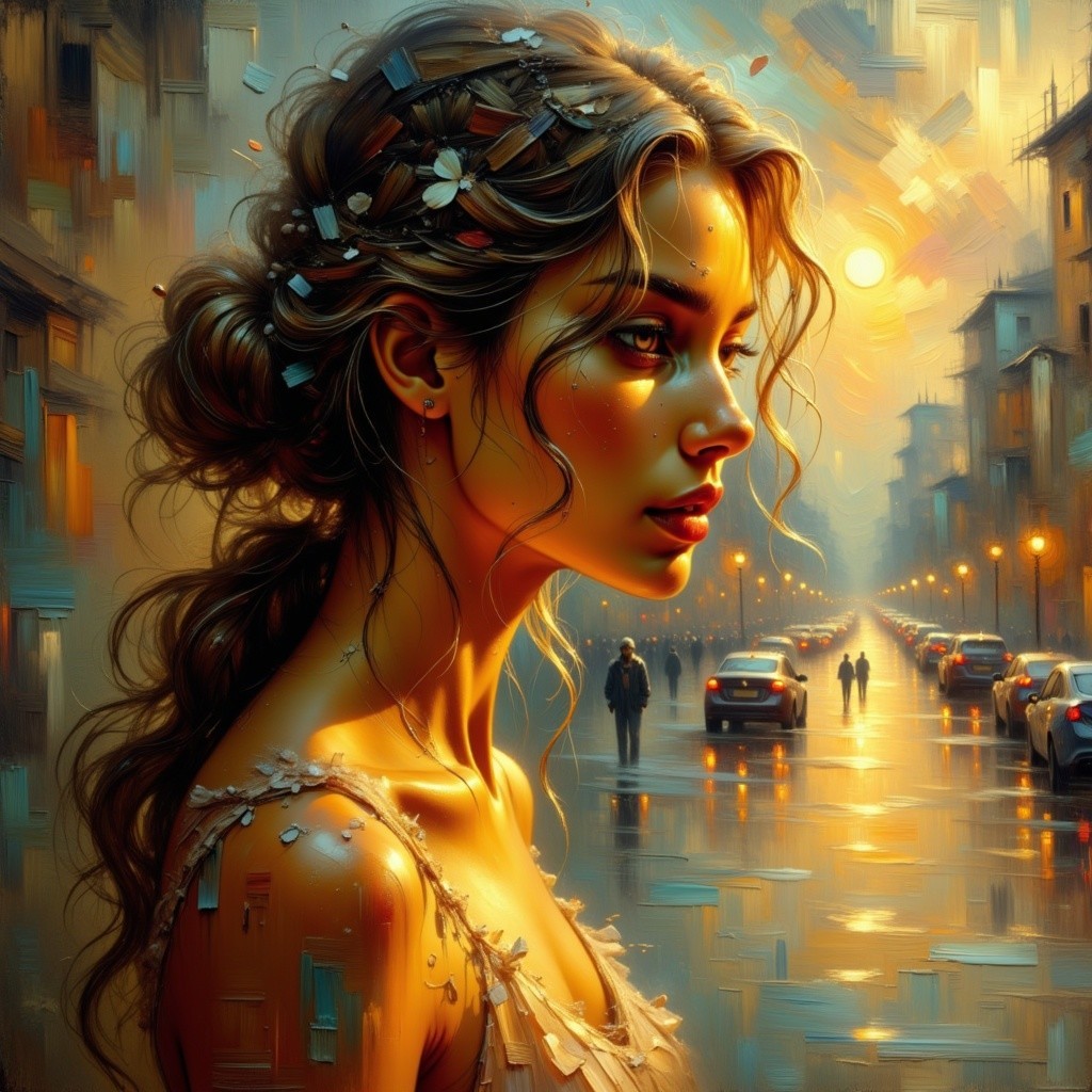 Serene Woman in Floral Accents at Sunset in City