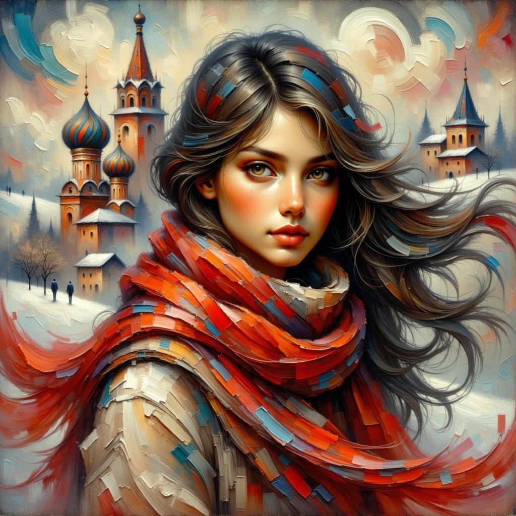 Young Woman in Red Scarf Amid Snowy Landscape