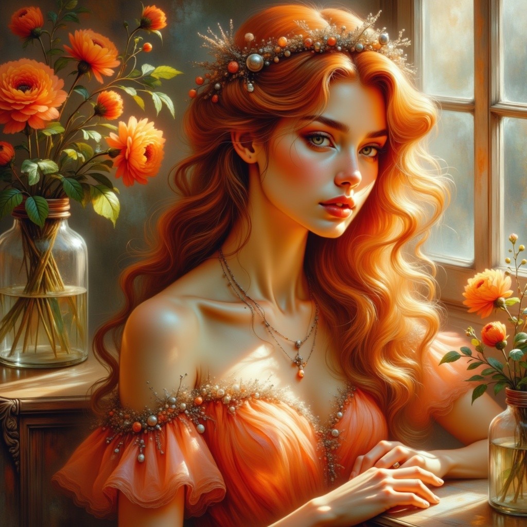 Young woman with orange hair in sunlit room