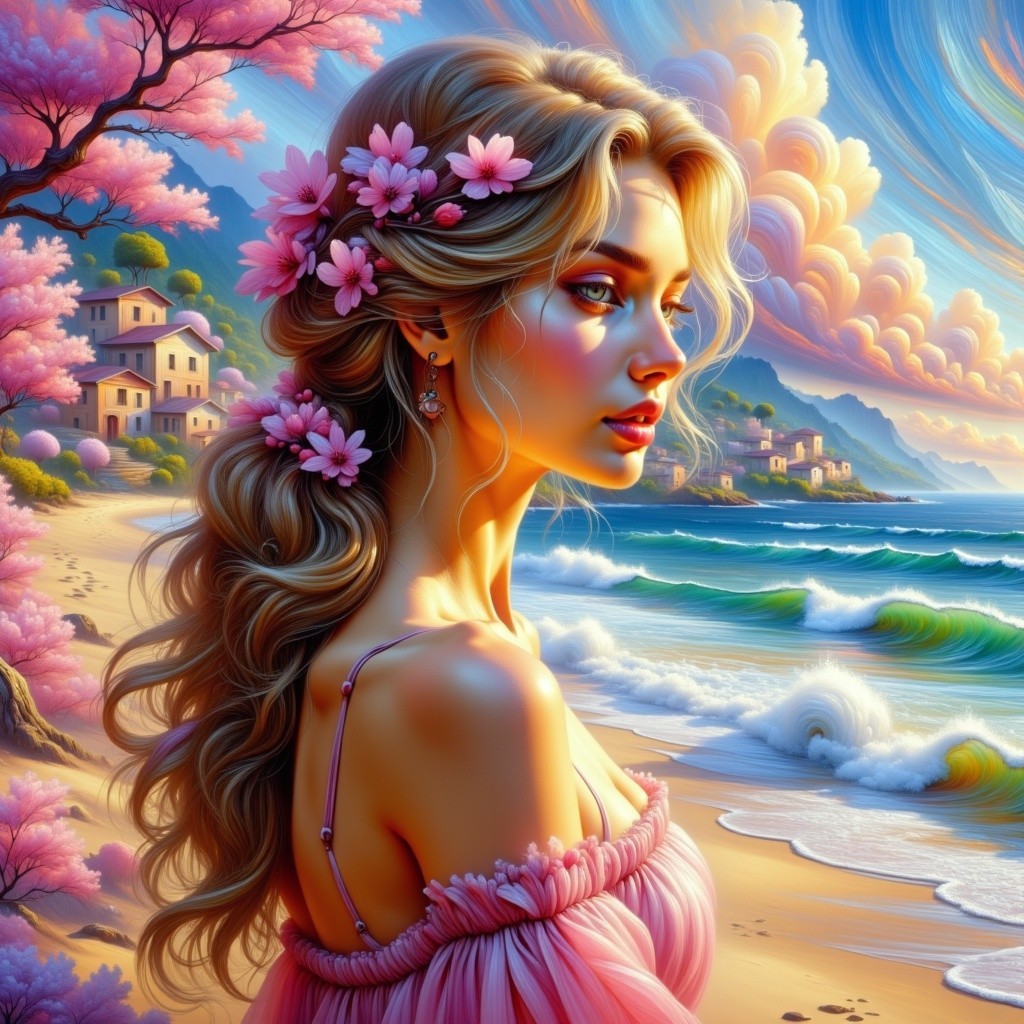 Woman in Pink Dress by Ocean with Floral Accents