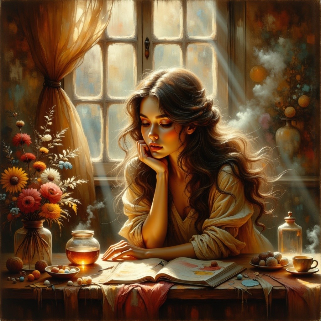 Cozy Room with Woman Reading and Sunlit Flowers
