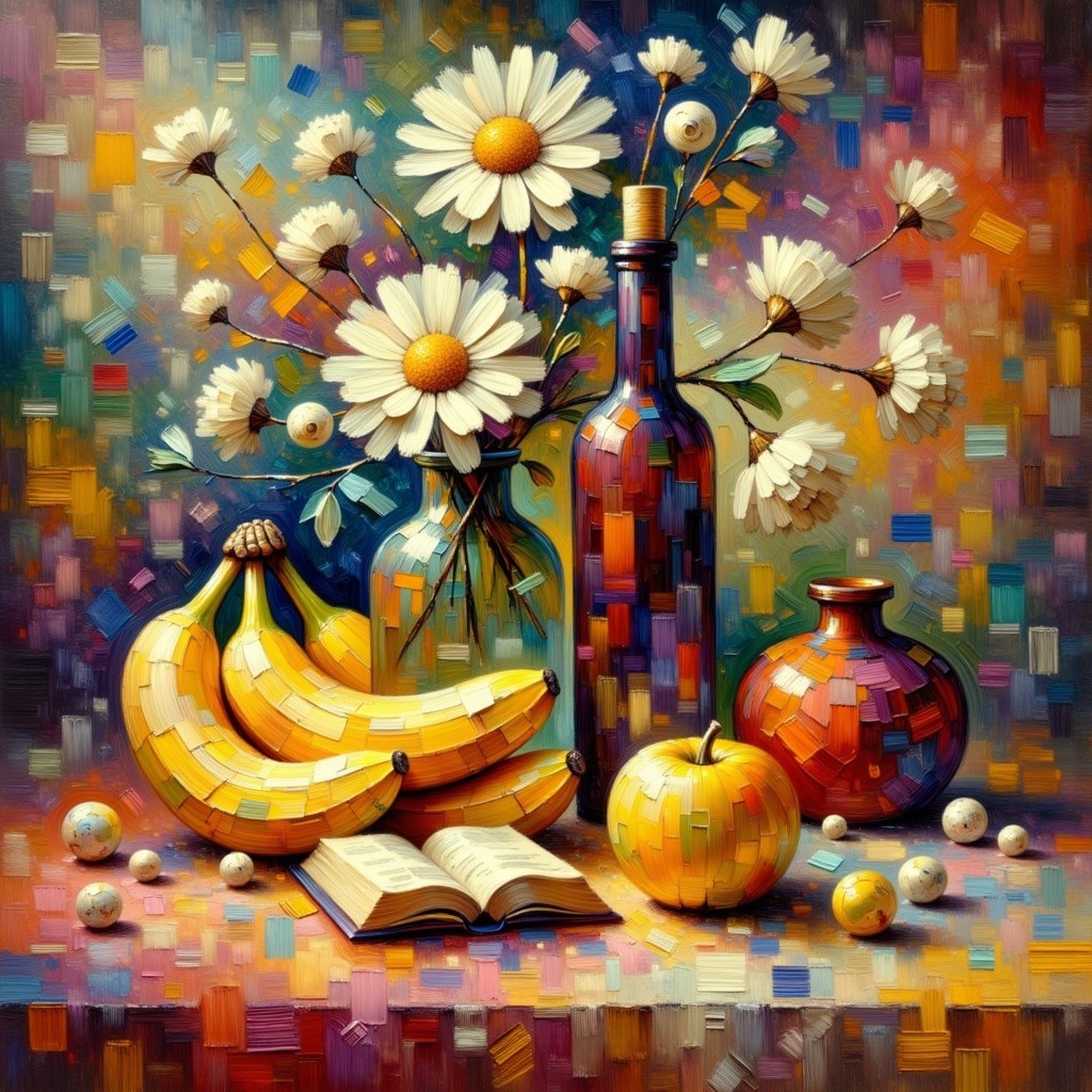 Vibrant Still Life with Bananas, Apple, and Daisies