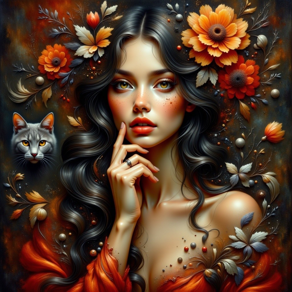 Portrait of a Young Woman with Flowers and Cat