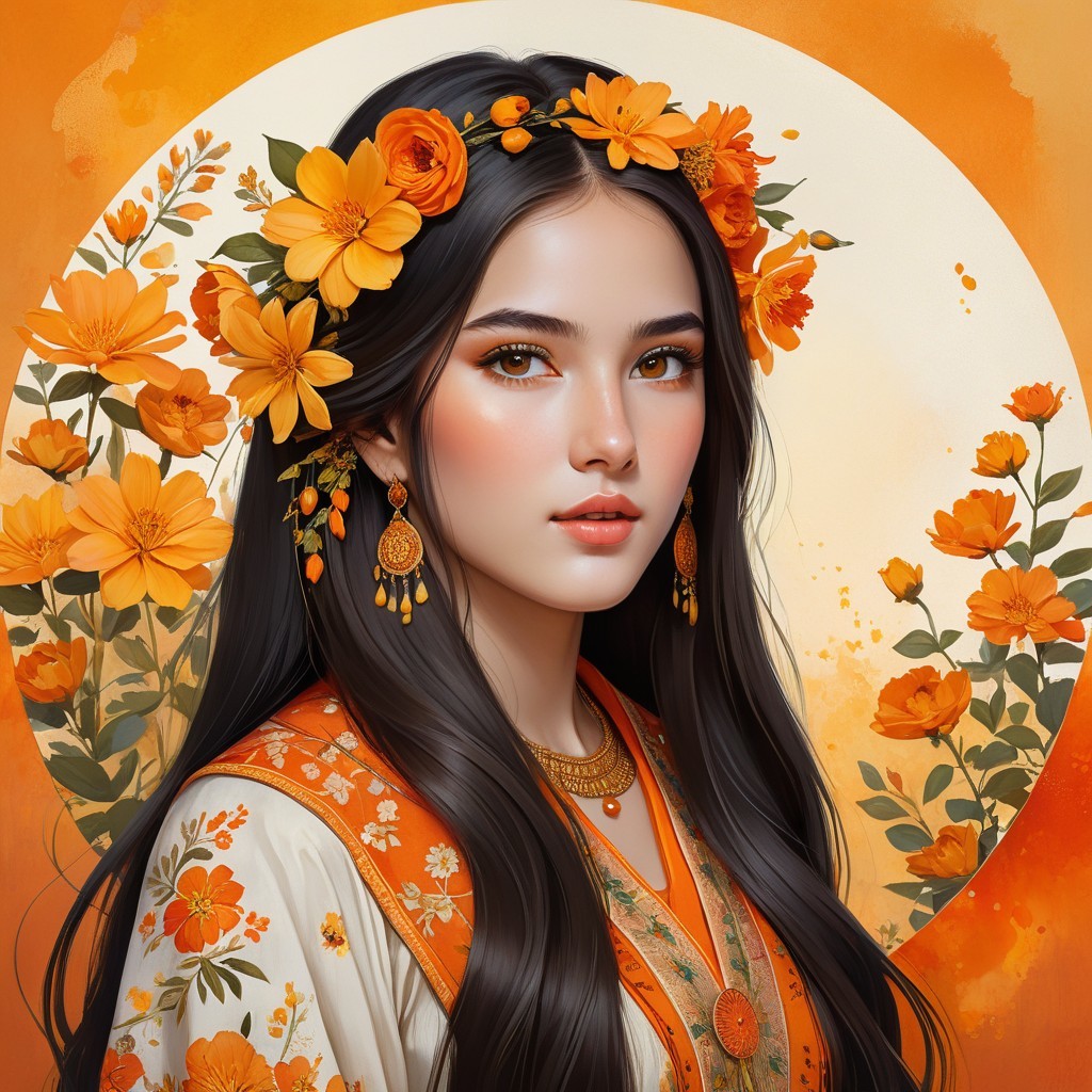 Young Woman with Floral Crown and Embroidered Outfit