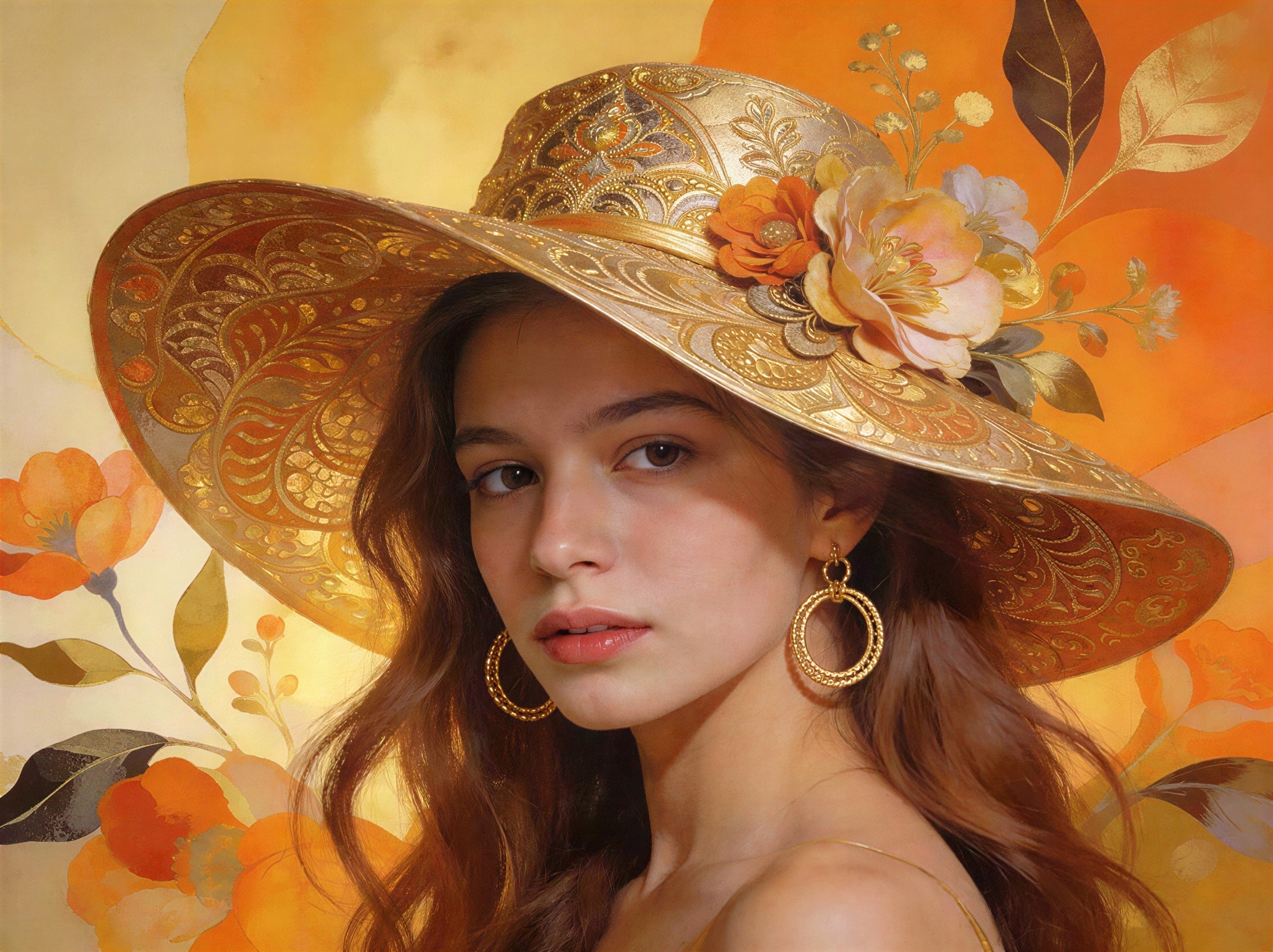 Detailed Portrait of a Woman in Golden Filigree Style