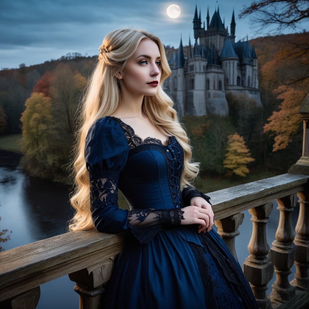 Young Woman in Elegant Gown Overlooking River and Castle