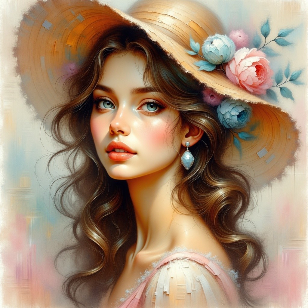 Detailed Oil Painting of a Young Woman in Hat