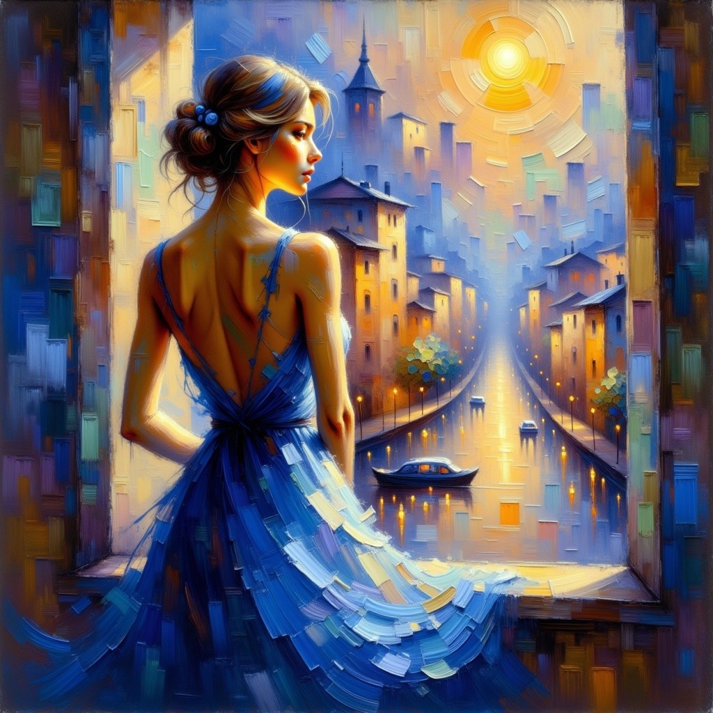 Woman in Blue Dress by Picturesque Sunset Window