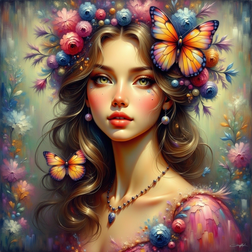 Portrait of a Young Woman with Floral Crown and Butterflies