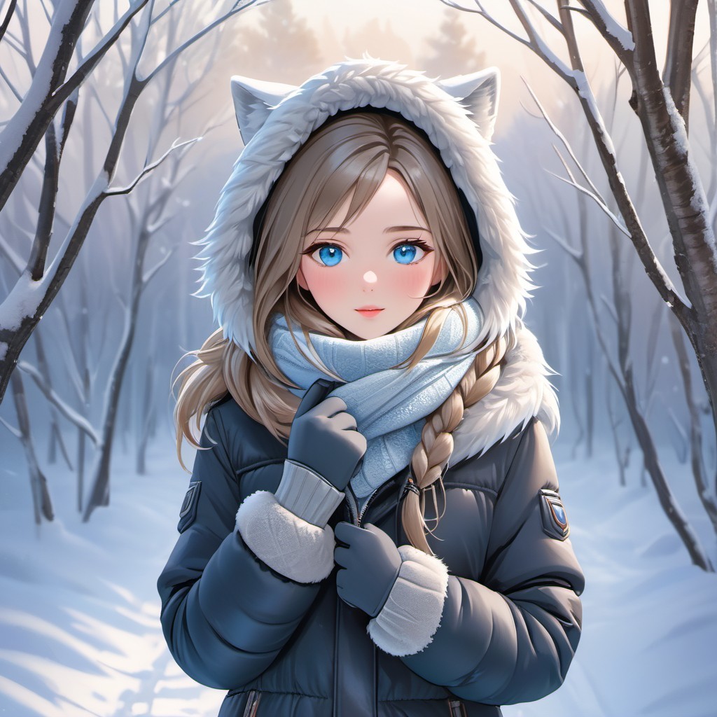 Anime-style female character in snowy forest setting