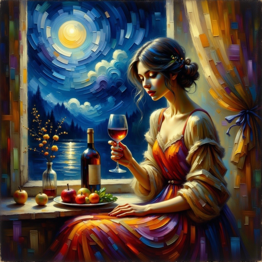 Moonlit Scene of a Woman in an Elegant Gown