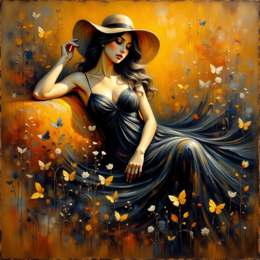 Serene Woman in Black Dress Against Floral Backdrop