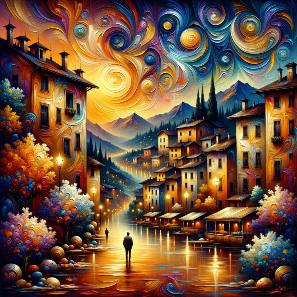 Vibrant Sunset Over a Quaint Village by a River