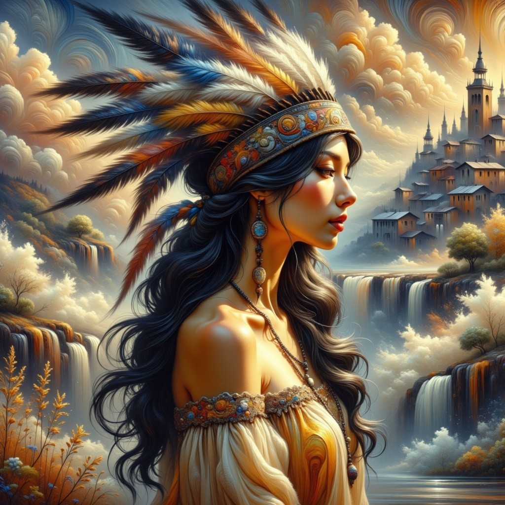 Serene Woman with Feather Headdress and Waterfalls