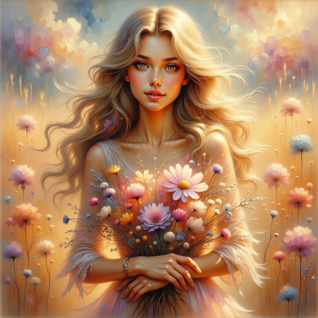 Woman with Wavy Hair and Colorful Flower Bouquet