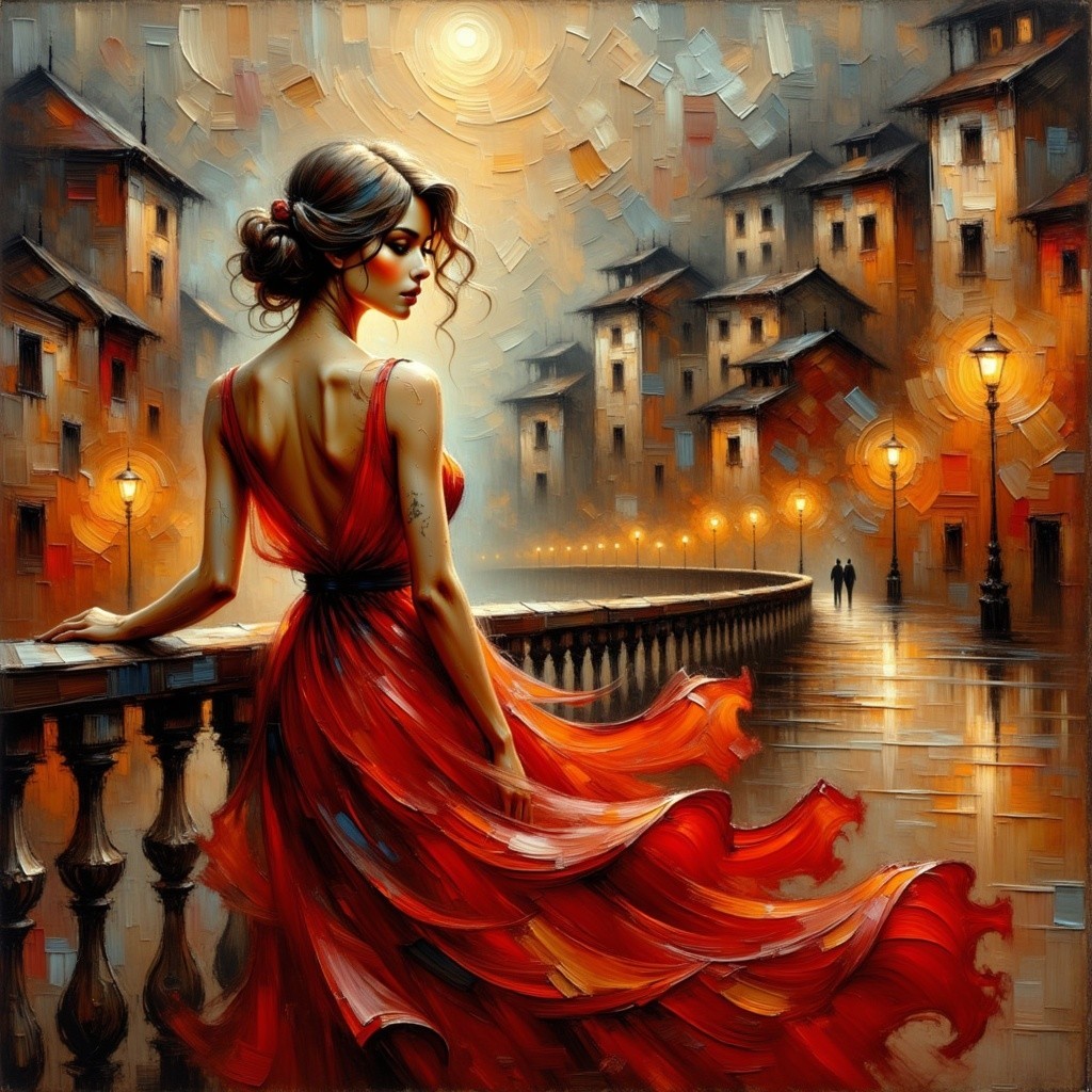 Woman in Red Dress by Curved Stone Railing at Sunset