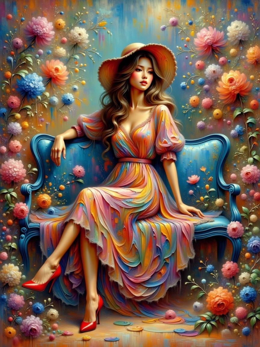 Elegant Woman on Blue Bench Surrounded by Flowers