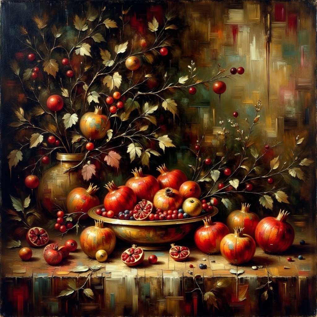 Vibrant Still Life of Pomegranates and Leaves