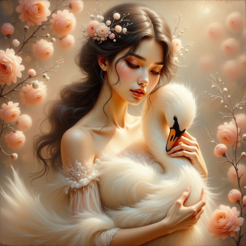 Serene woman with swan in tranquil floral setting