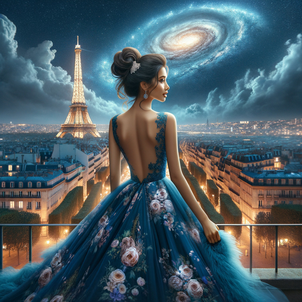 Elegant Woman in Blue Gown Overlooking Paris Skyline