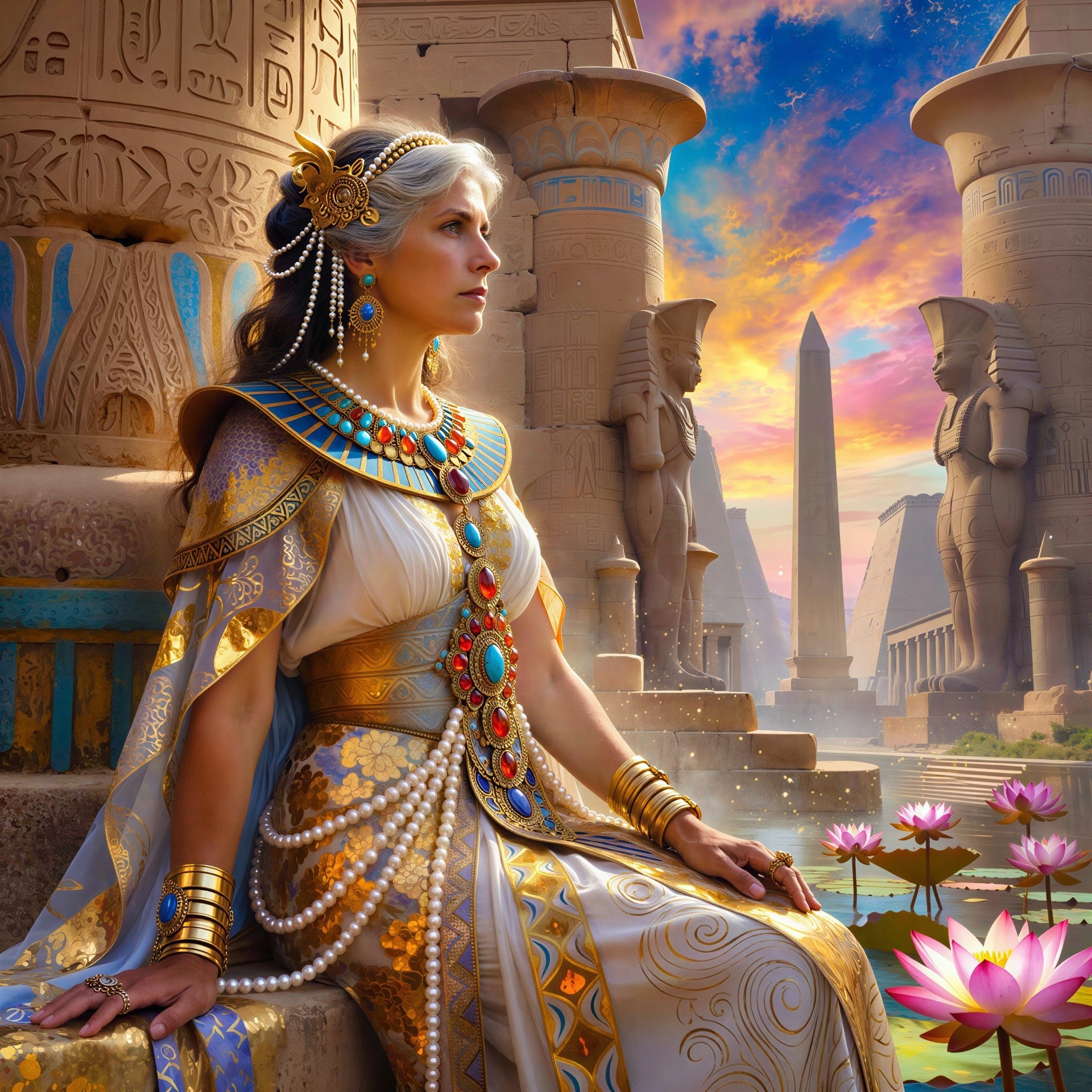 Older Woman in Ornate Egyptian Dress at Temple Steps