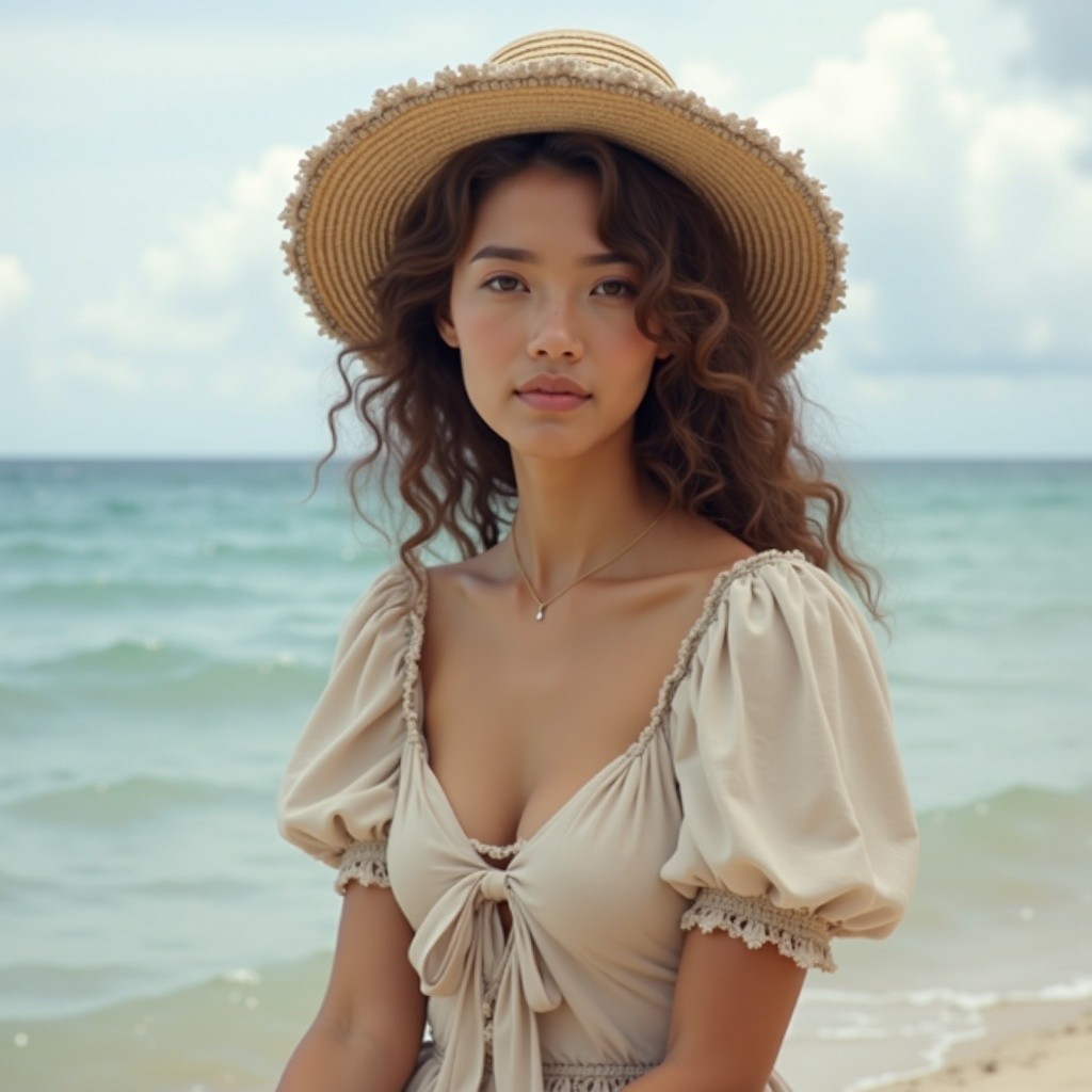Young woman in a light dress by the tranquil beach