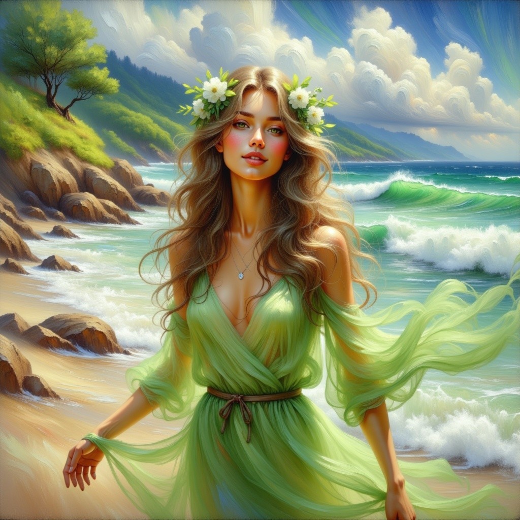 Serene Beach Scene with Woman in Floral Crown