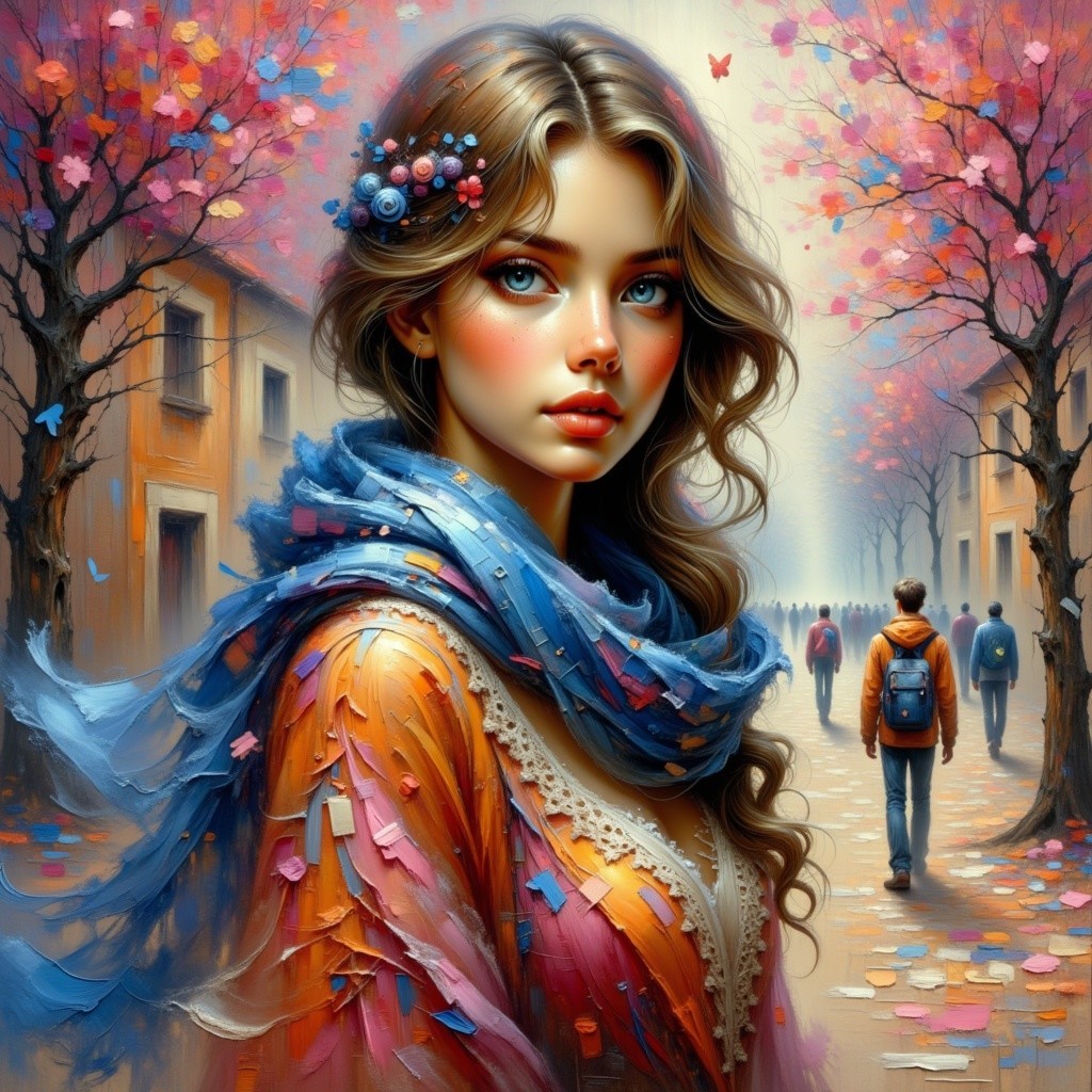 Autumn Scene with Woman in Orange Cloak and Trees