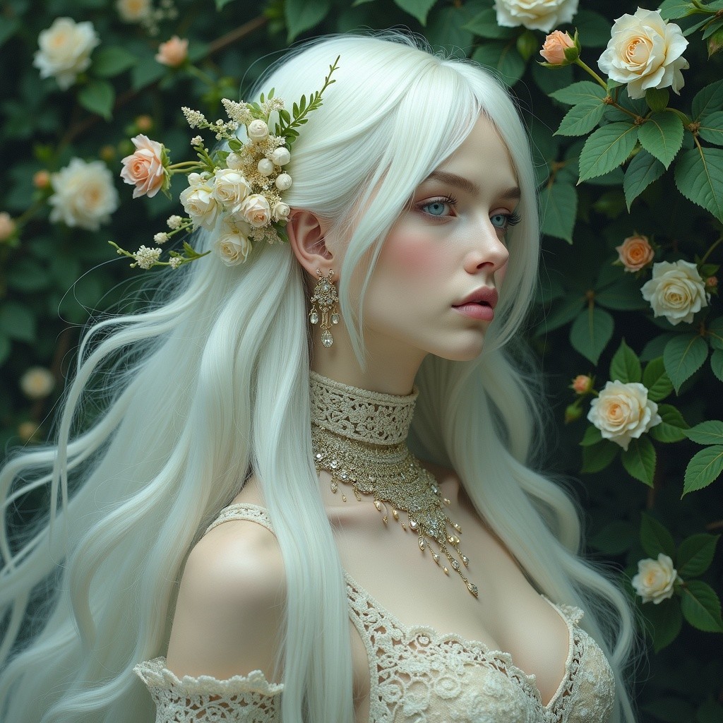 Young woman with white hair in floral setting