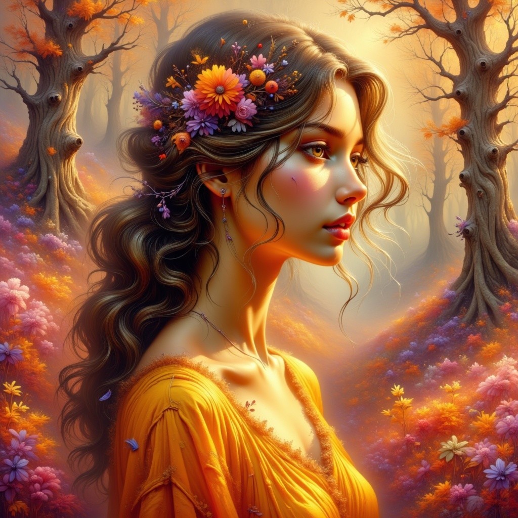 Portrait of a Young Woman in a Colorful Forest