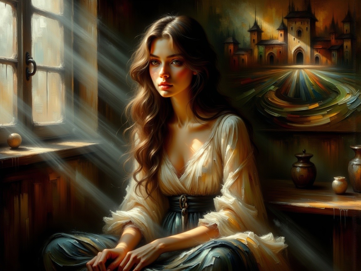 Thoughtful Woman in Softly Lit Rustic Room