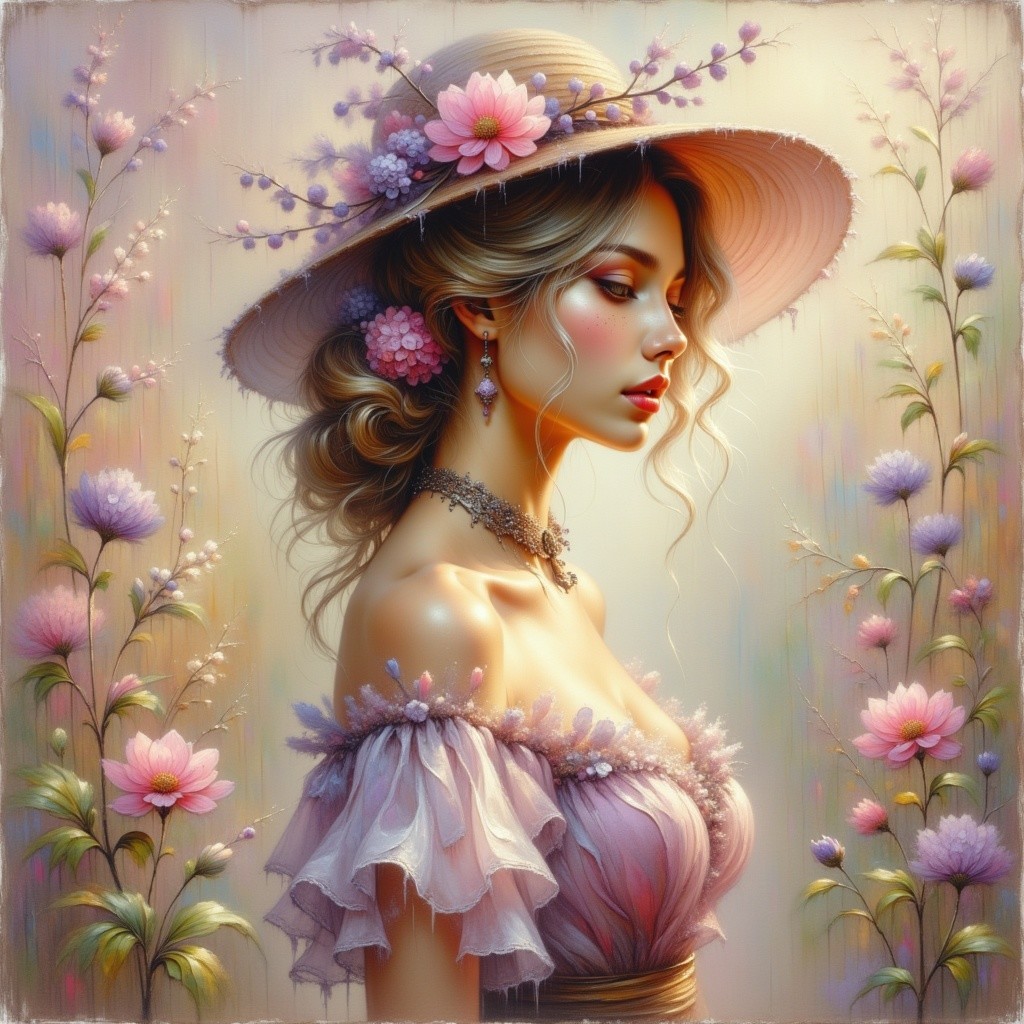 Serene Woman in Floral Dress and Wide-Brimmed Hat