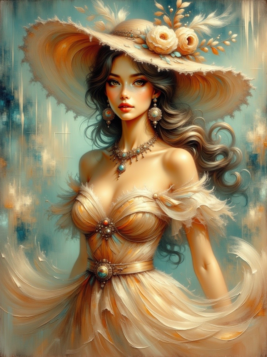 Elegant woman in luxurious dress with decorative hat