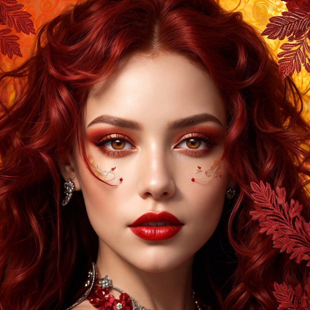Striking Woman with Curly Red Hair and Autumn Leaves
