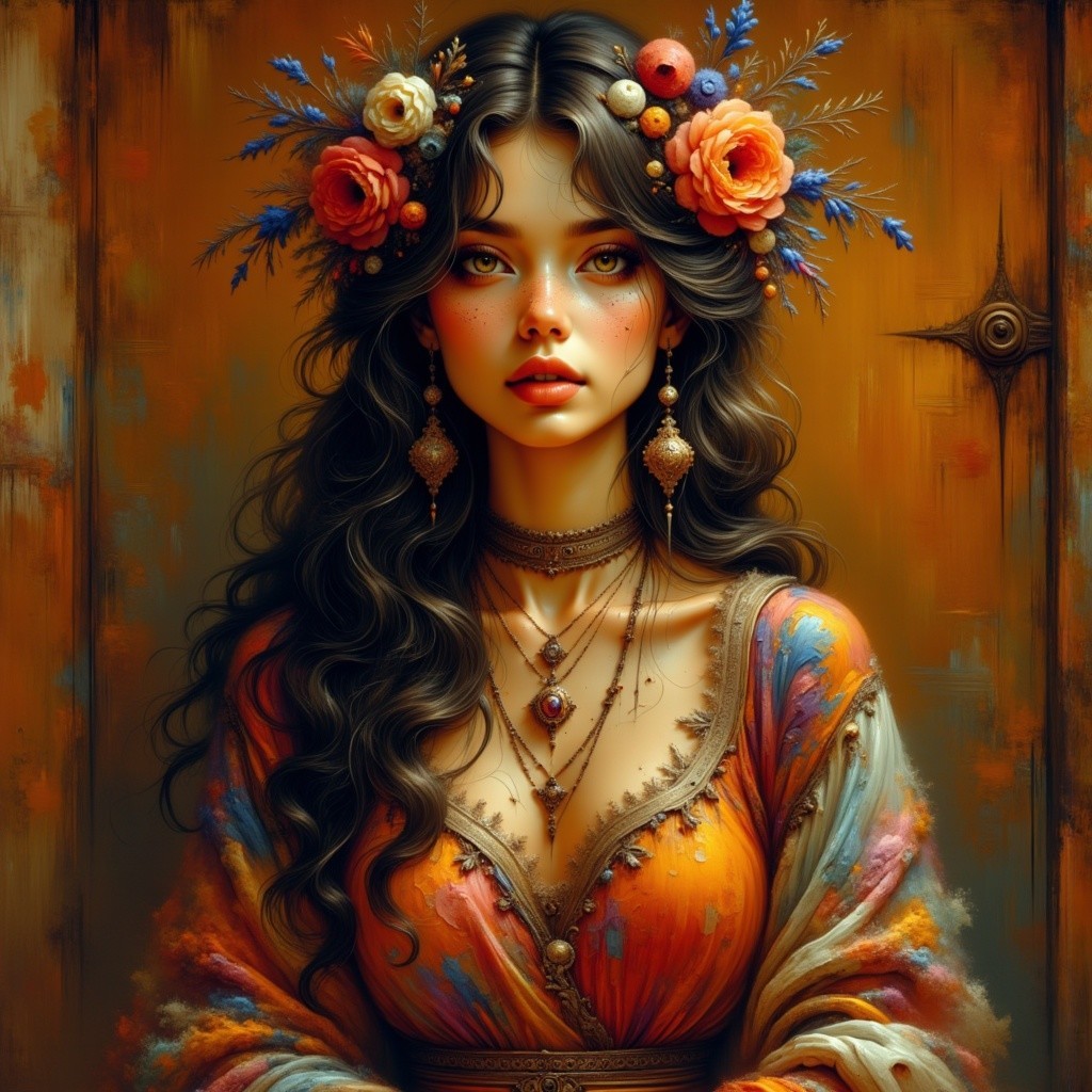 Woman with Dark Hair and Floral Dress Against Texture
