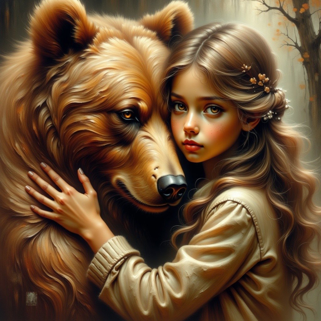 Young girl and bear share a serene forest bond