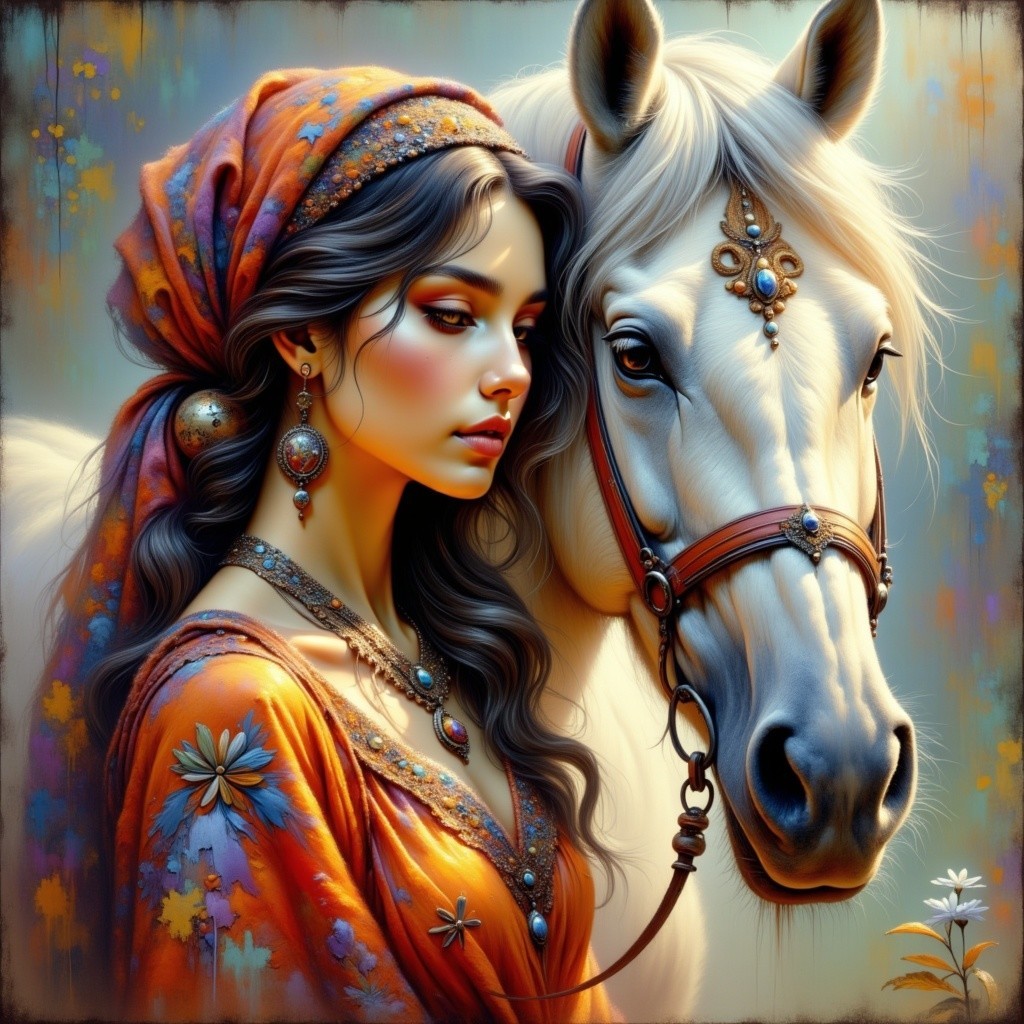 Young Woman in Orange Outfit with White Horse