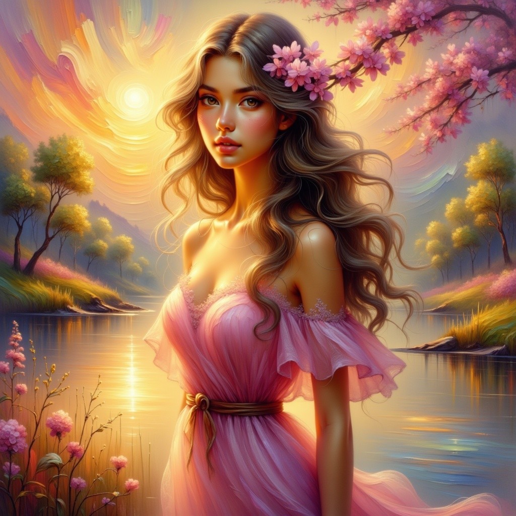 Young woman by a tranquil lake at sunset with blossoms