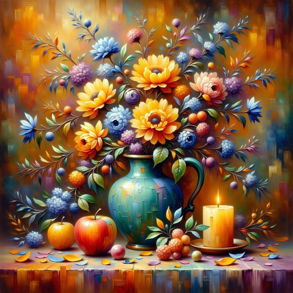 Vibrant Still Life with Flowers, Candle, and Fruits