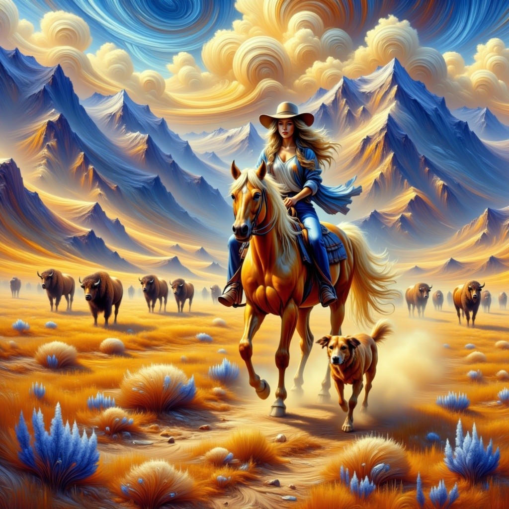 Rider on Golden Horse in Vibrant Natural Landscape