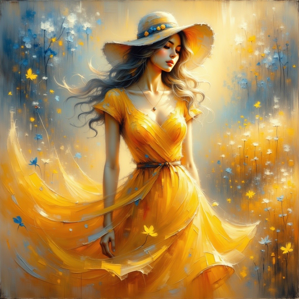 Woman in Yellow Dress in Flower Field Scene