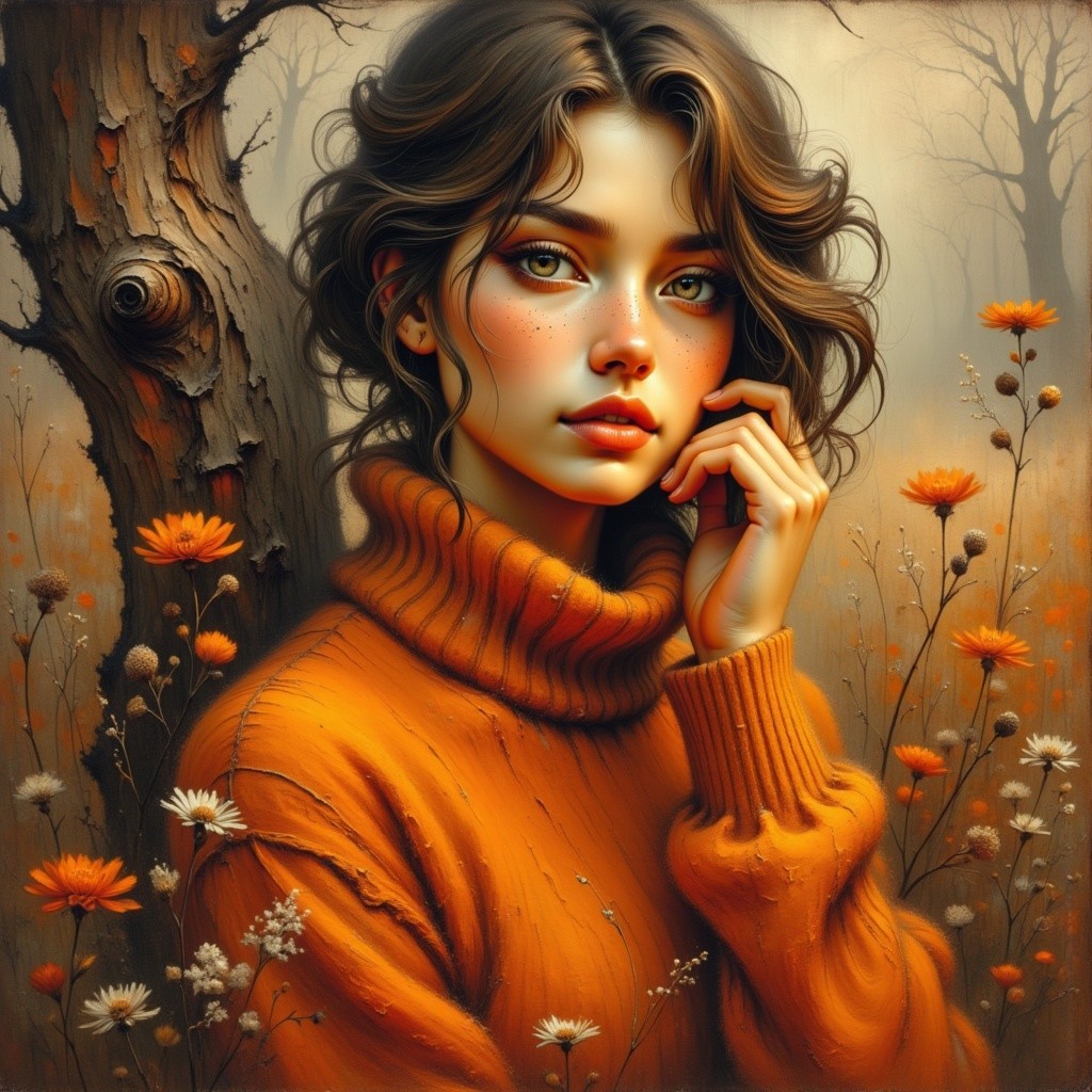Young woman in orange sweater amidst autumn scenery