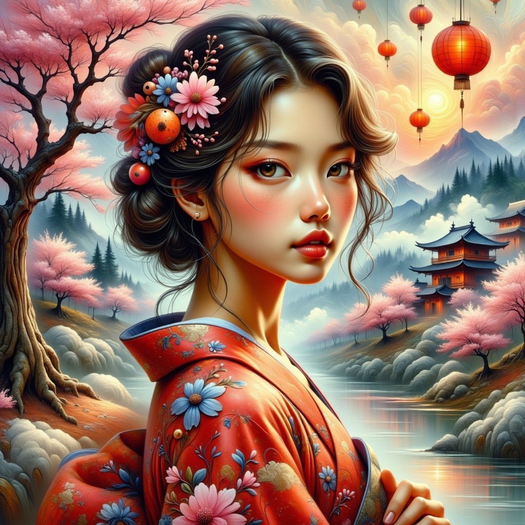 Young Woman in Kimono by Tranquil River with Blossoms