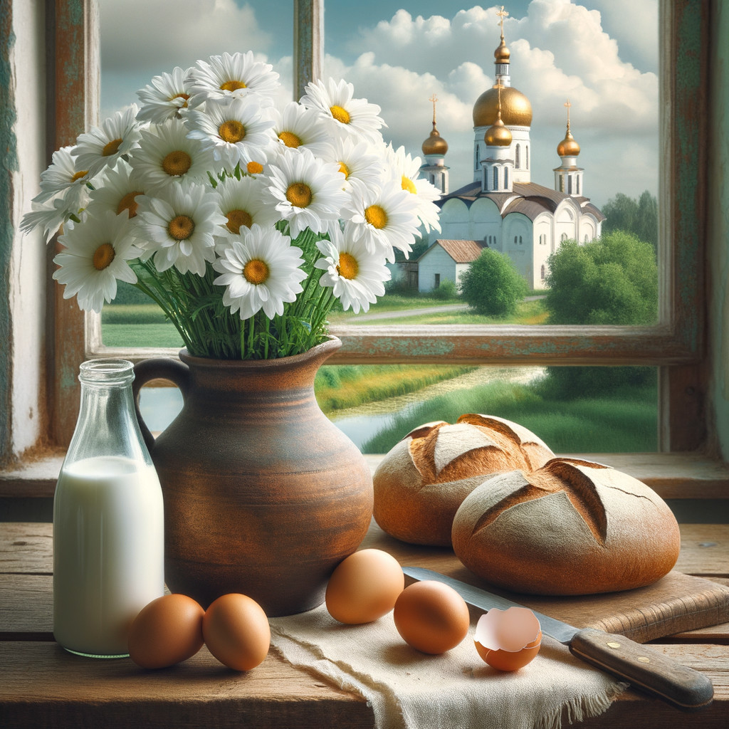 Rustic Scene with Daisies, Milk, and Church View