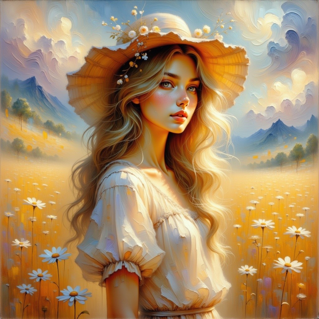 Young woman in cream dress in golden daisy field
