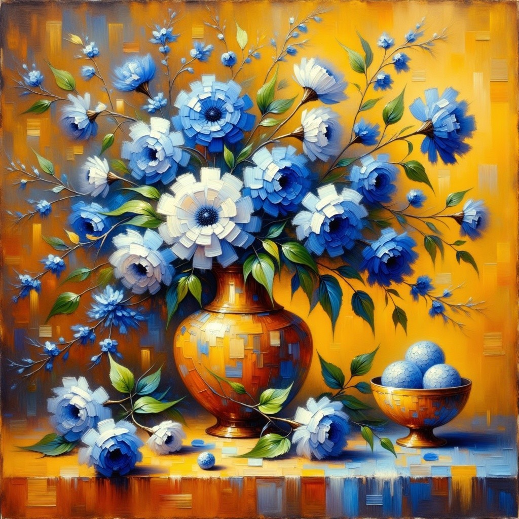 Vibrant Still Life with Flowers and Blue Eggs