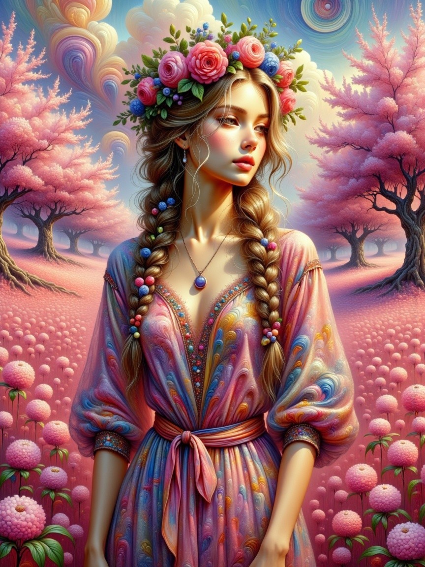 Young Woman in Whimsical Floral Landscape