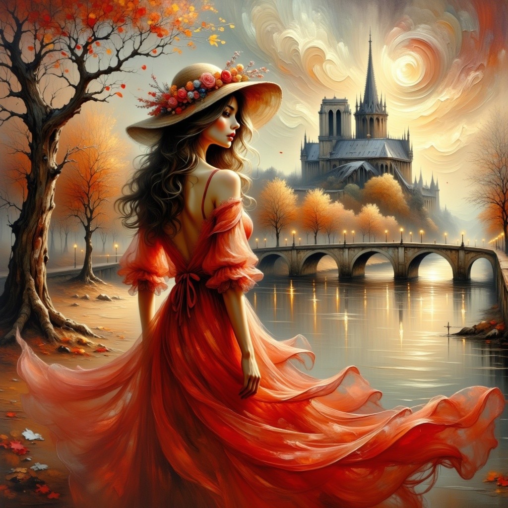 Woman in Orange Dress by Serene River and Castle