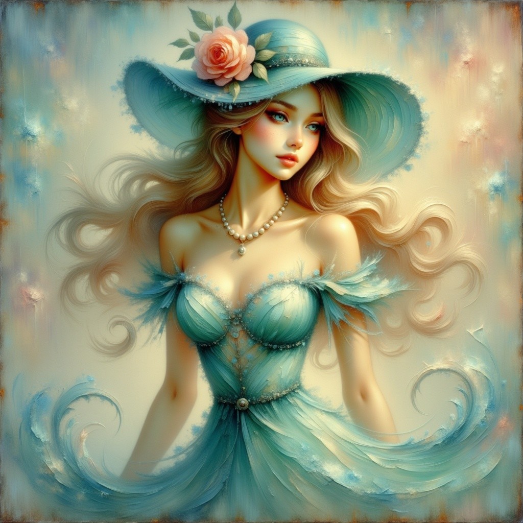 Ethereal Woman in Flowing Blue Gown with Floral Accents